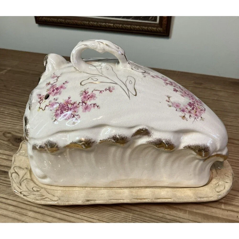 Antique Porcelain Butter Cheese Keeper W/ Lid Pink Flowers Cherry Blossom Gold